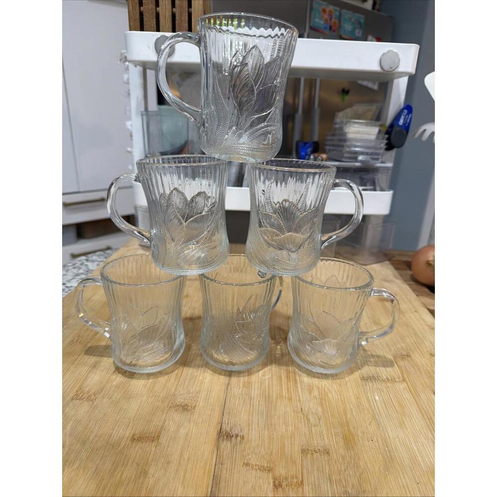 Lot Of 4 Vintage Arcoroc Canterbury Crocus Clear Glass 10oz Mugs *